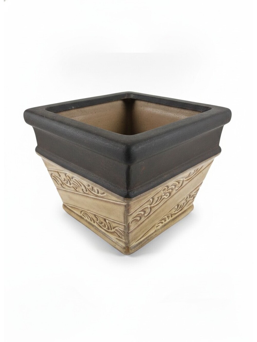 Vintage Square Ceramic Planter Black Tan Scroll Relief Small Flower Pot